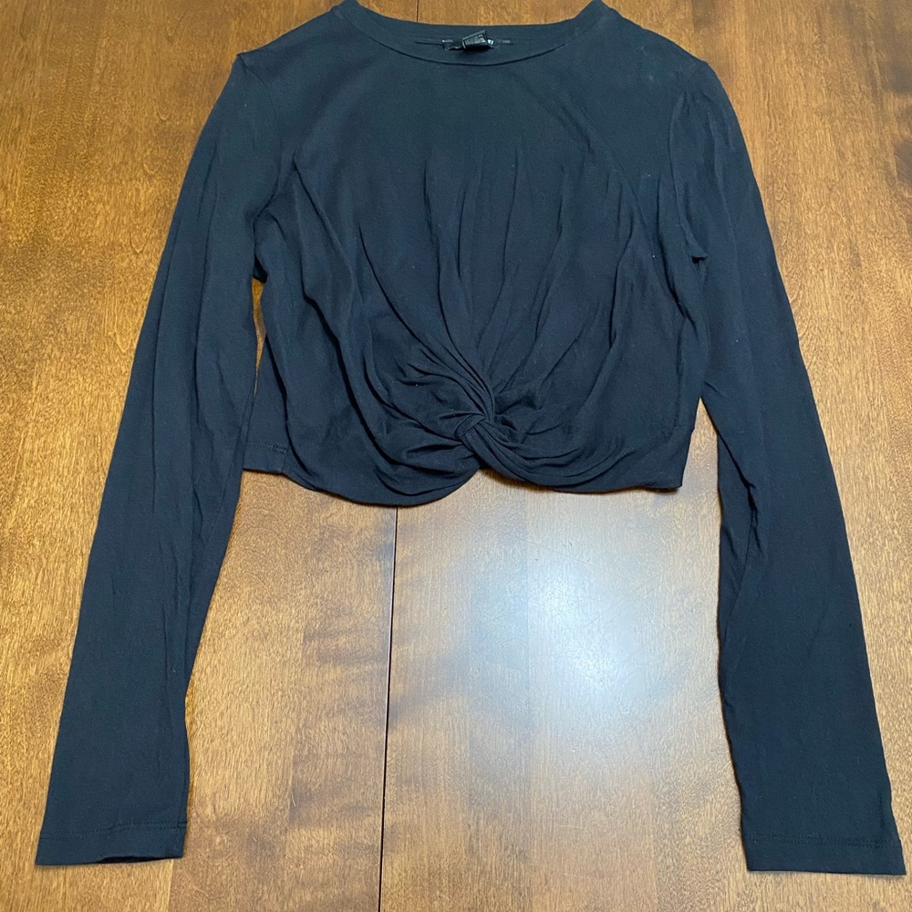 Forever 21 Black Tied-Ruffled Crop Top Full Sleeve Shirt, Size L